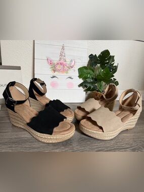 Chinese Laundry Bundle Pair Scallop Strap Wedge Espadrille Sandals Black Beige 7